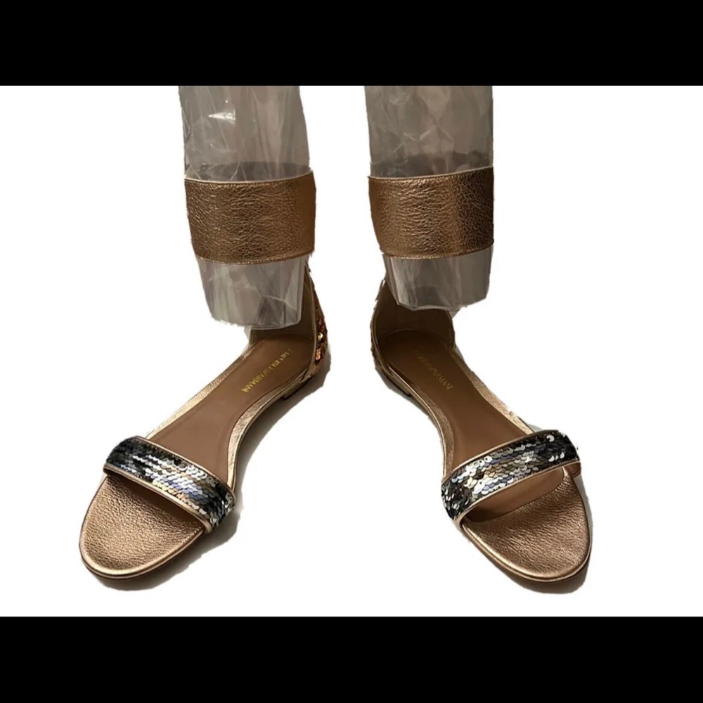 Emporio Armani Women's Luxury Sequins Copper Flat Double Ankle Strap Sandals 10